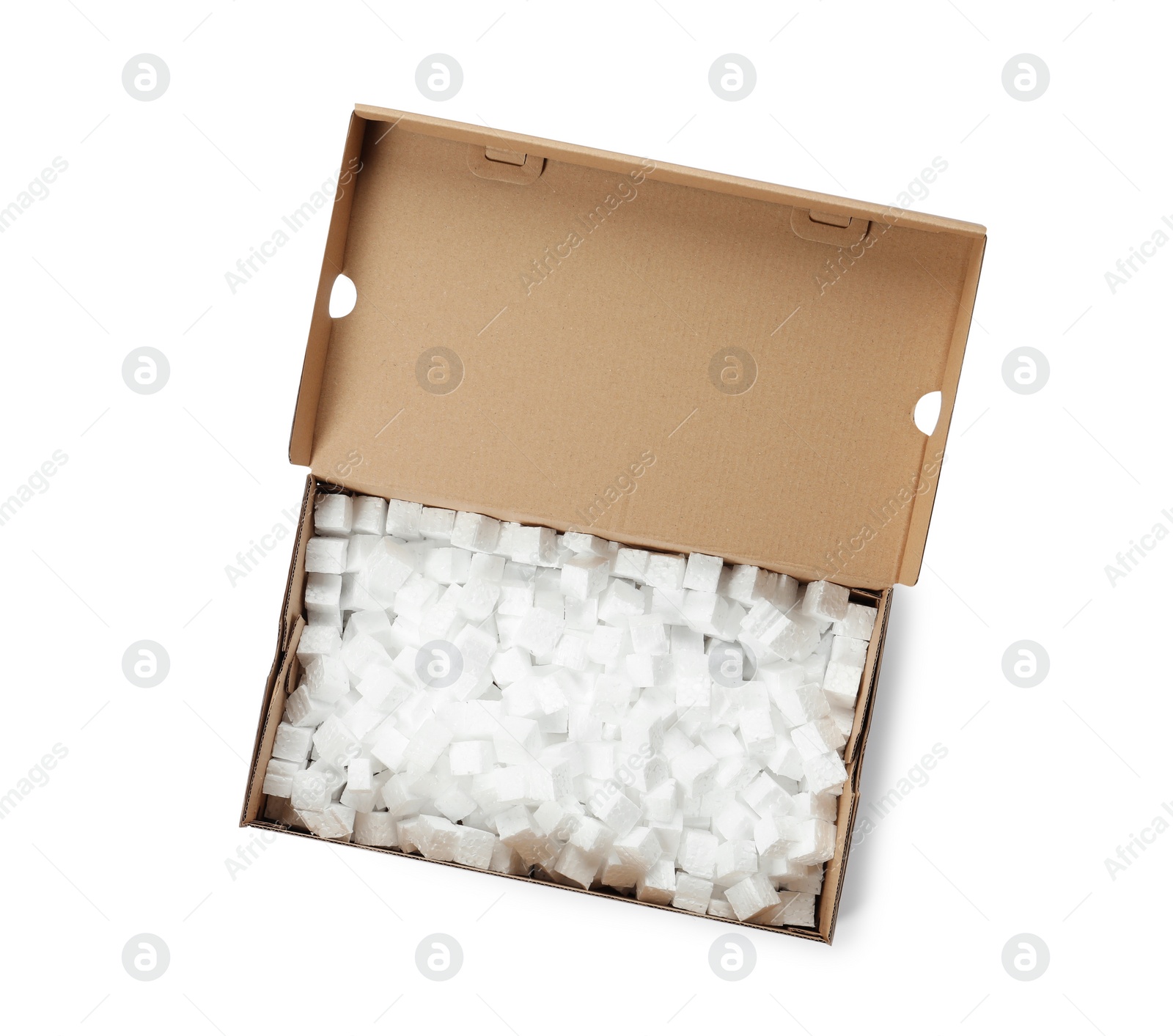 Photo of Cardboard box with styrofoam cubes isolated on white, top view