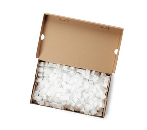 Photo of Cardboard box with styrofoam cubes isolated on white, top view