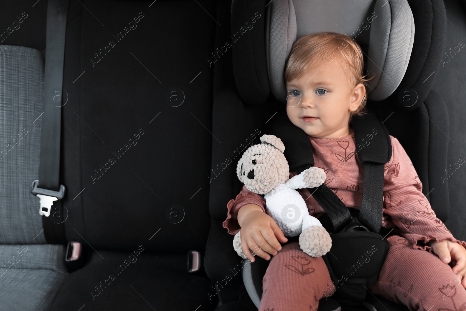 Photo of Cute little girl sitting in child safety seat inside car