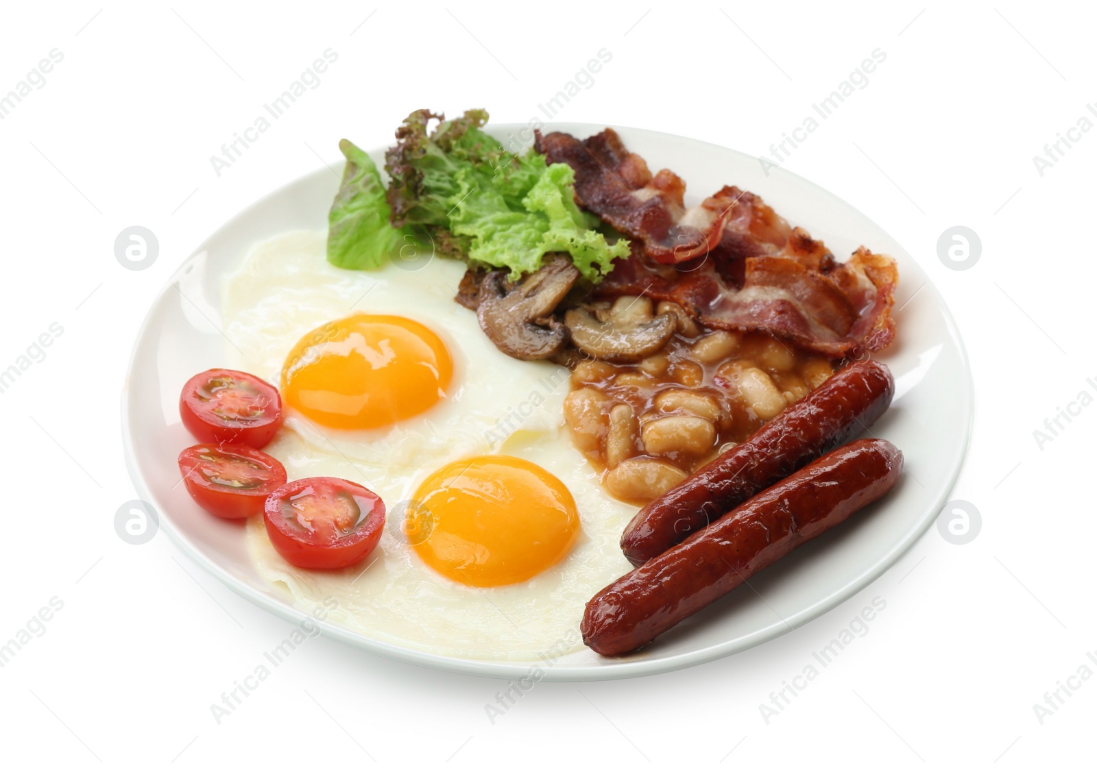 Photo of Delicious breakfast with sunny side up eggs isolated on white