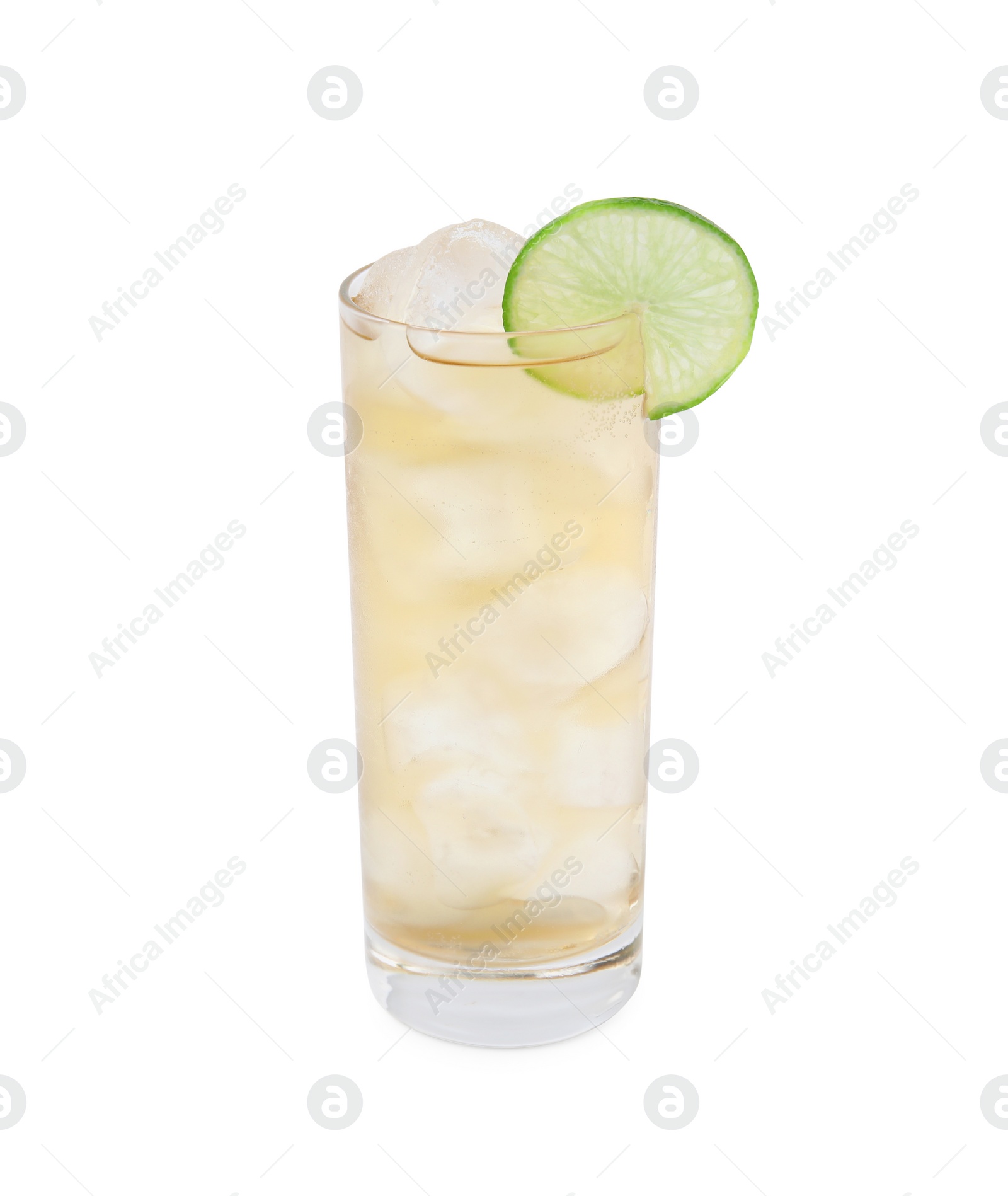 Photo of Glass of tasty ginger ale with ice cubes and lime slice isolated on white