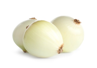 Photo of Fresh peeled onion bulbs on white background