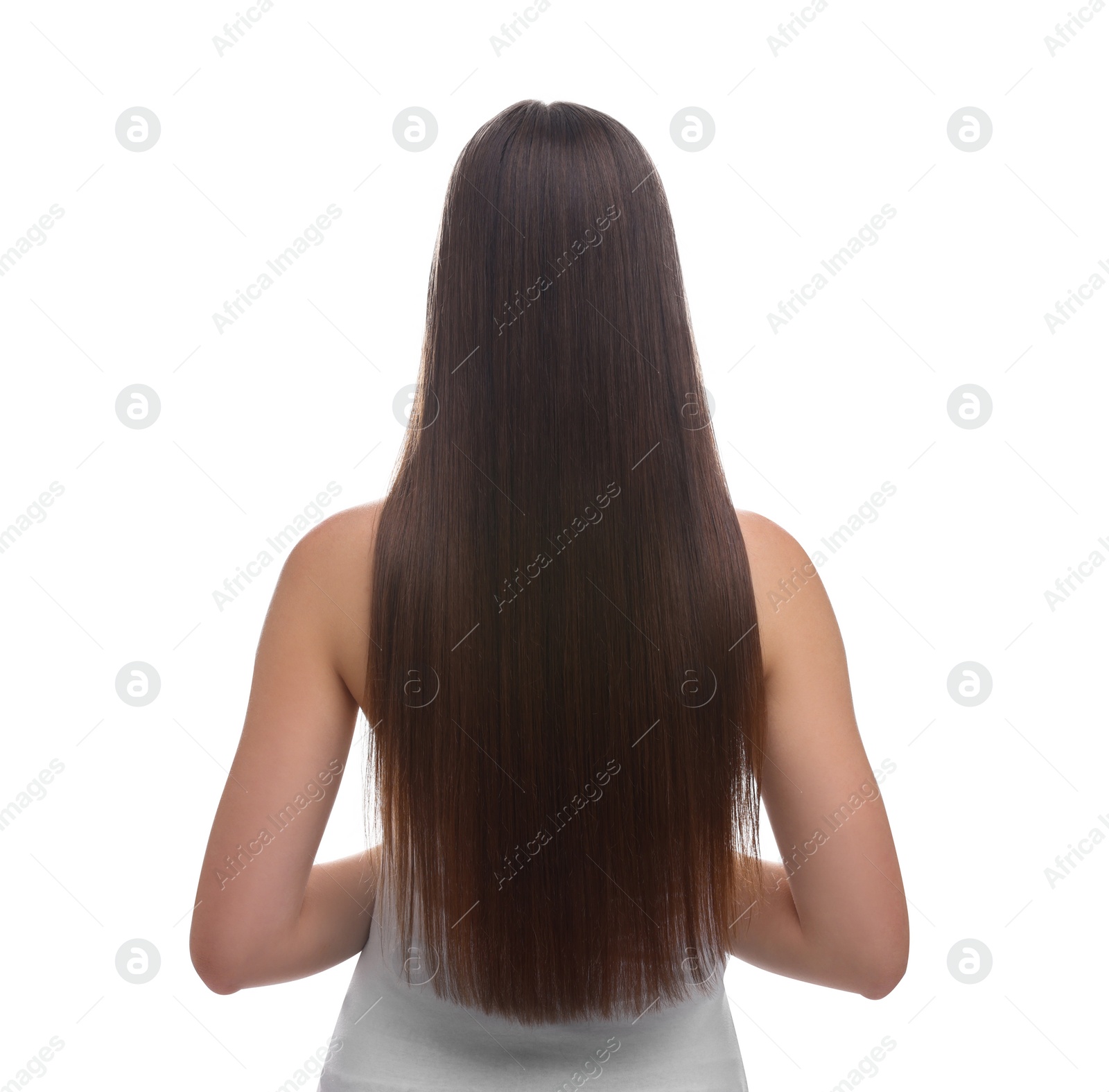 Photo of Woman with smooth healthy hair after treatment on white background, back view