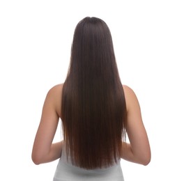 Woman with smooth healthy hair after treatment on white background, back view