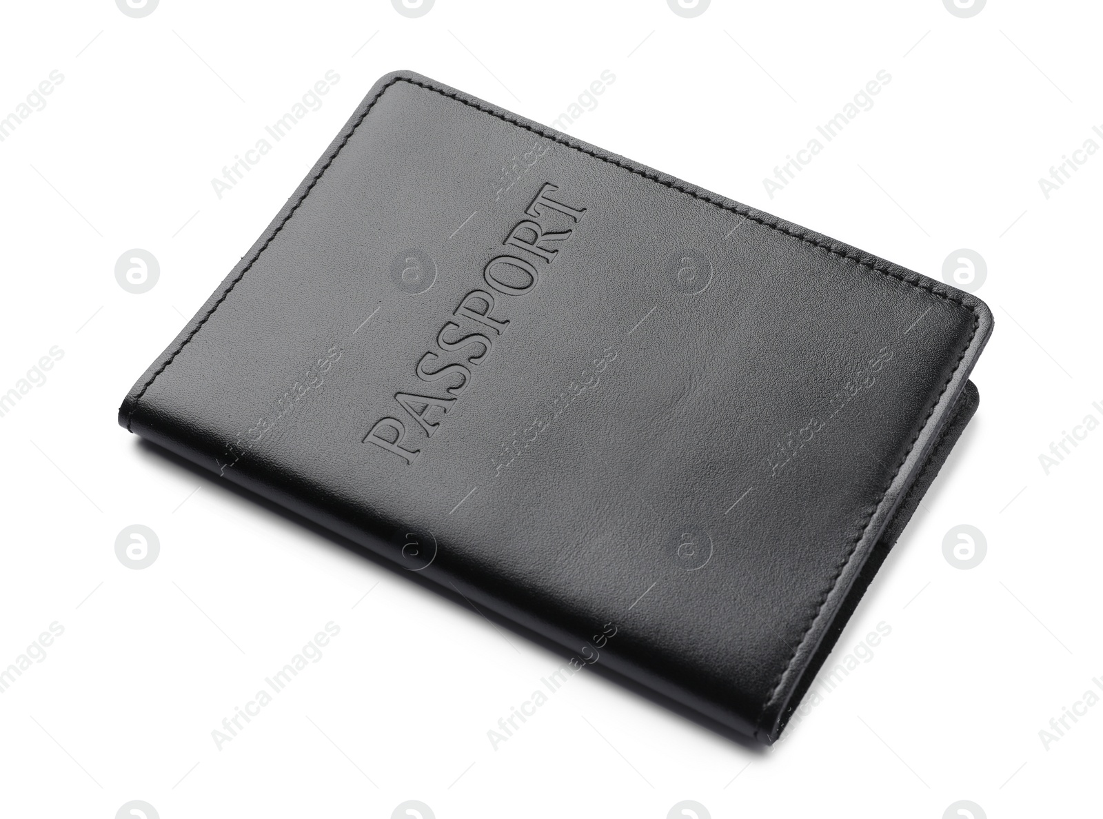 Photo of Passport in black leather case isolated on white