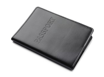 Passport in black leather case isolated on white