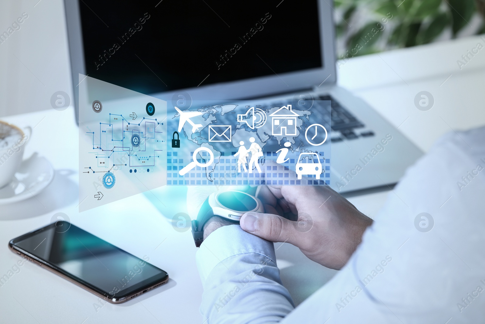 Image of Businessman with modern smartwatch at table in office, closeup