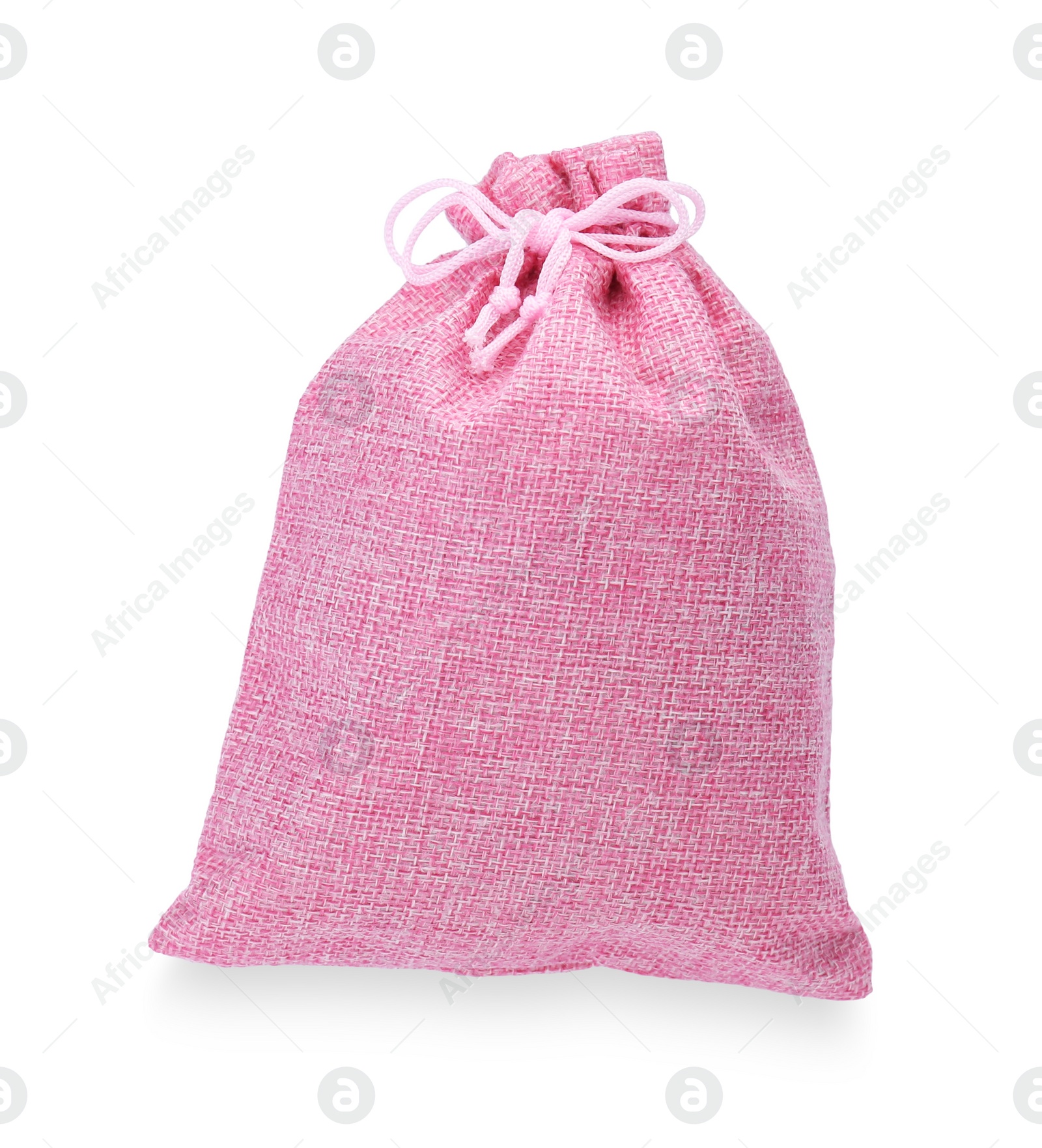 Photo of Pink burlap bag isolated on white, top view