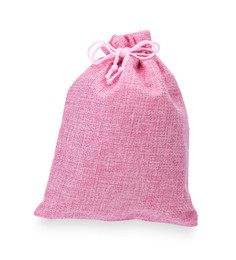 Photo of Pink burlap bag isolated on white, top view