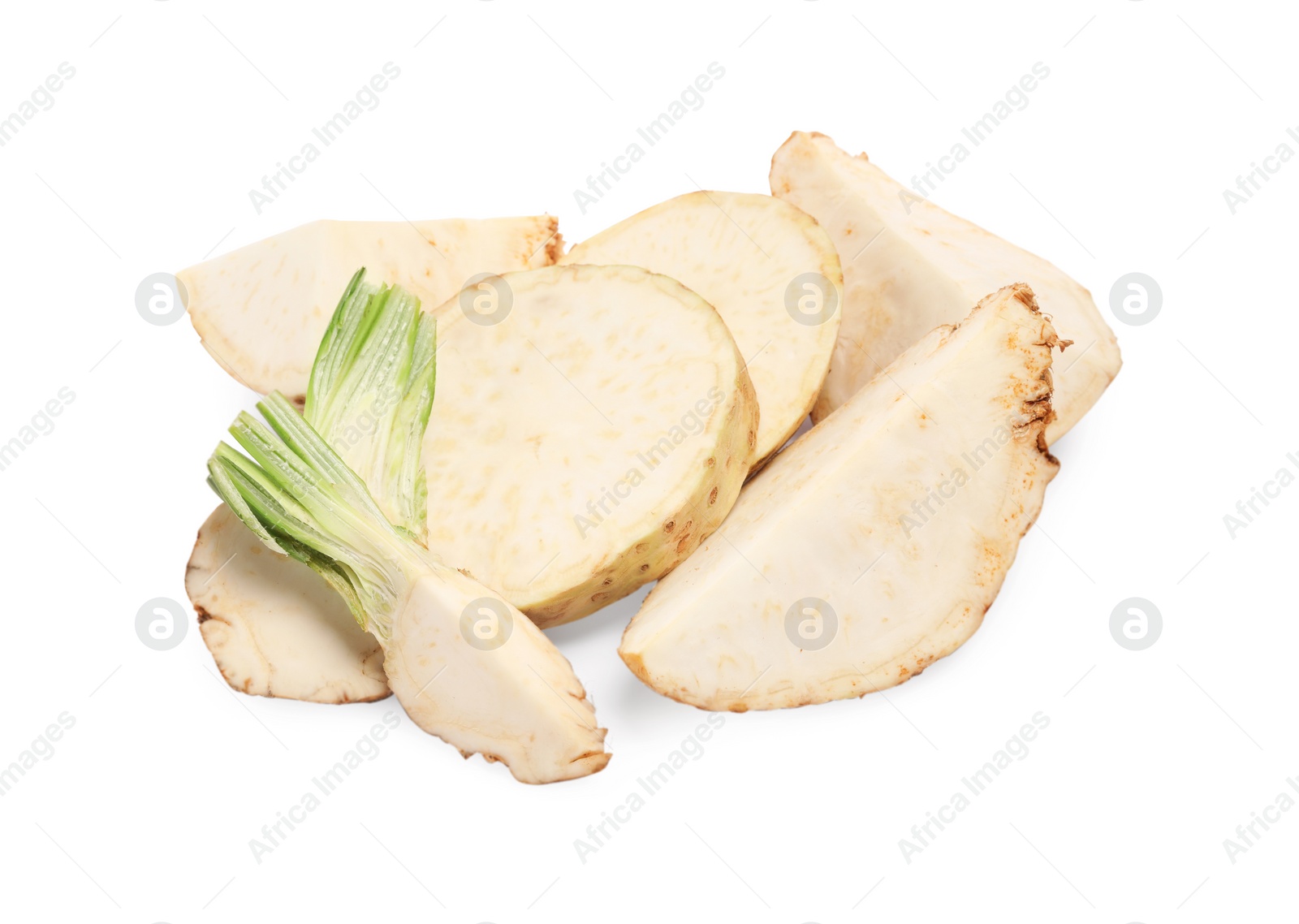 Photo of Cut fresh celery roots isolated on white