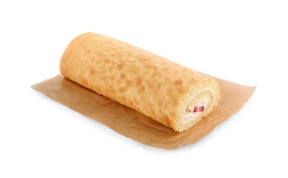 Photo of Delicious sponge cake roll with strawberries and cream isolated on white