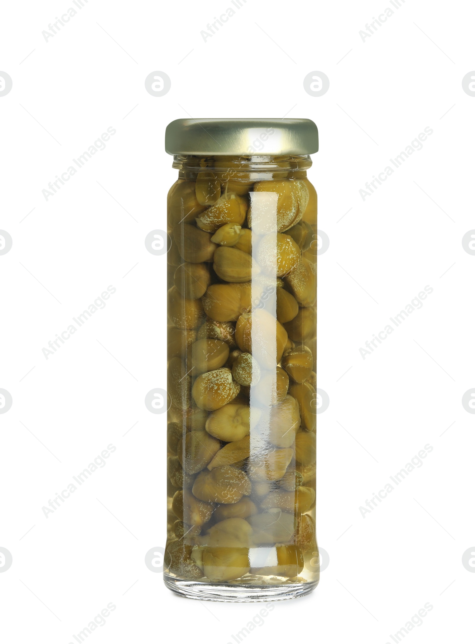 Photo of Capers in glass jar isolated on white