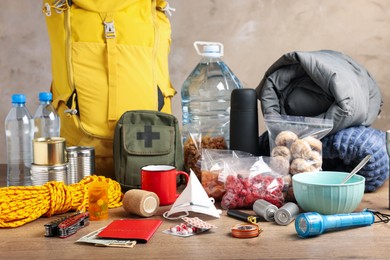 Disaster supply kit for earthquake on wooden table