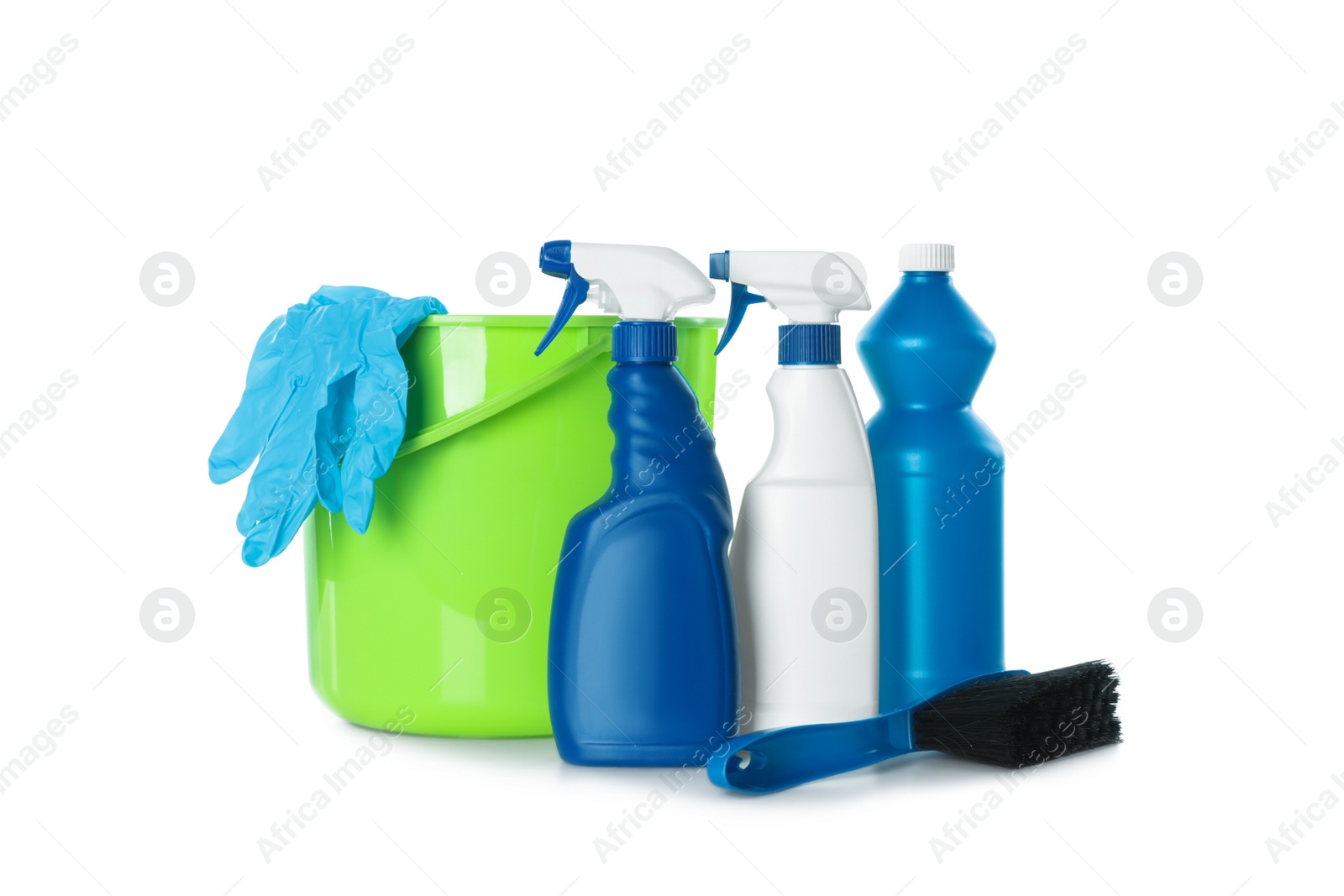 Photo of Plastic bucket with different cleaning supplies on white background