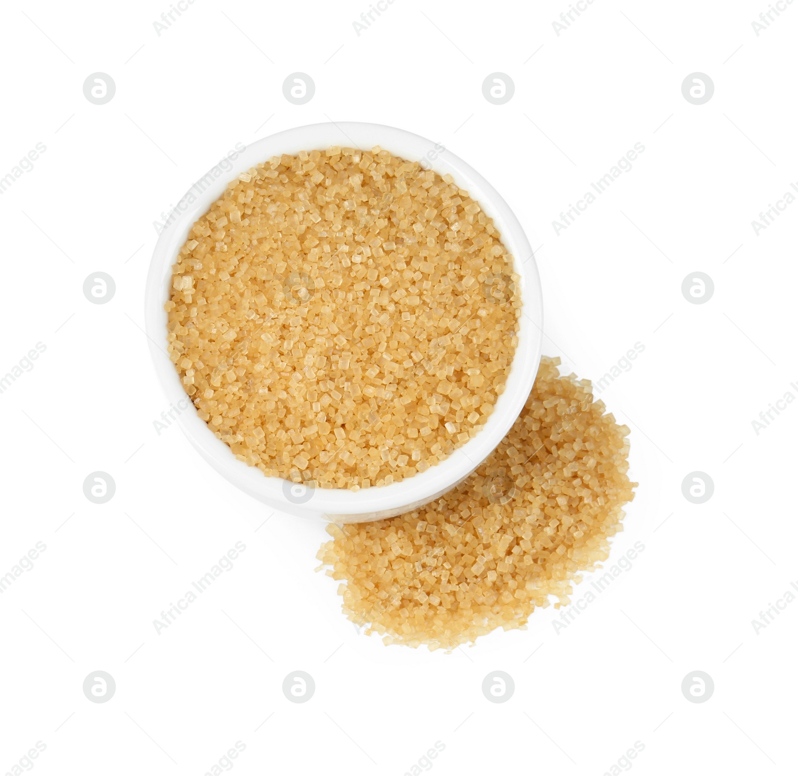 Photo of Brown sugar in bowl isolated on white, top view