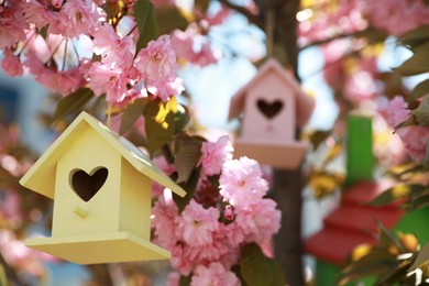 Photo of Yellow bird house with heart shaped hole hanging on tree branch outdoors