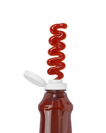 Squeezed ketchup from bottle isolated on white, top view