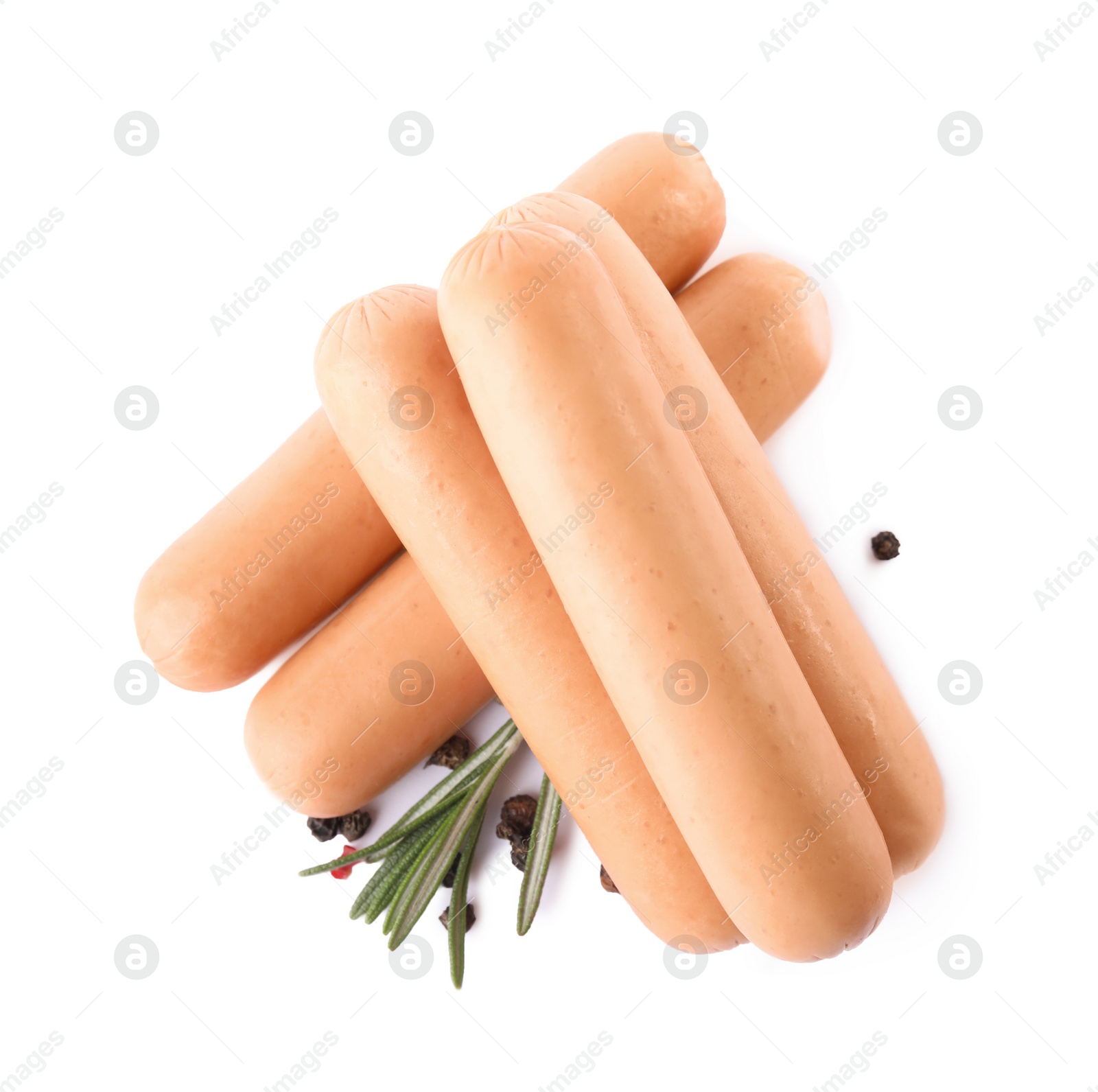 Photo of Tasty sausages on white background. Meat product