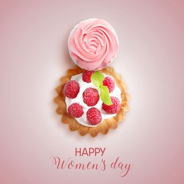 Image of 8 March - Happy International Women's Day. Card design with shape of number eight made of desserts on pink background, top view