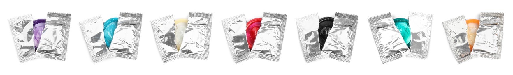 Image of Set with condoms in torn packages on white background, top view. Banner design 