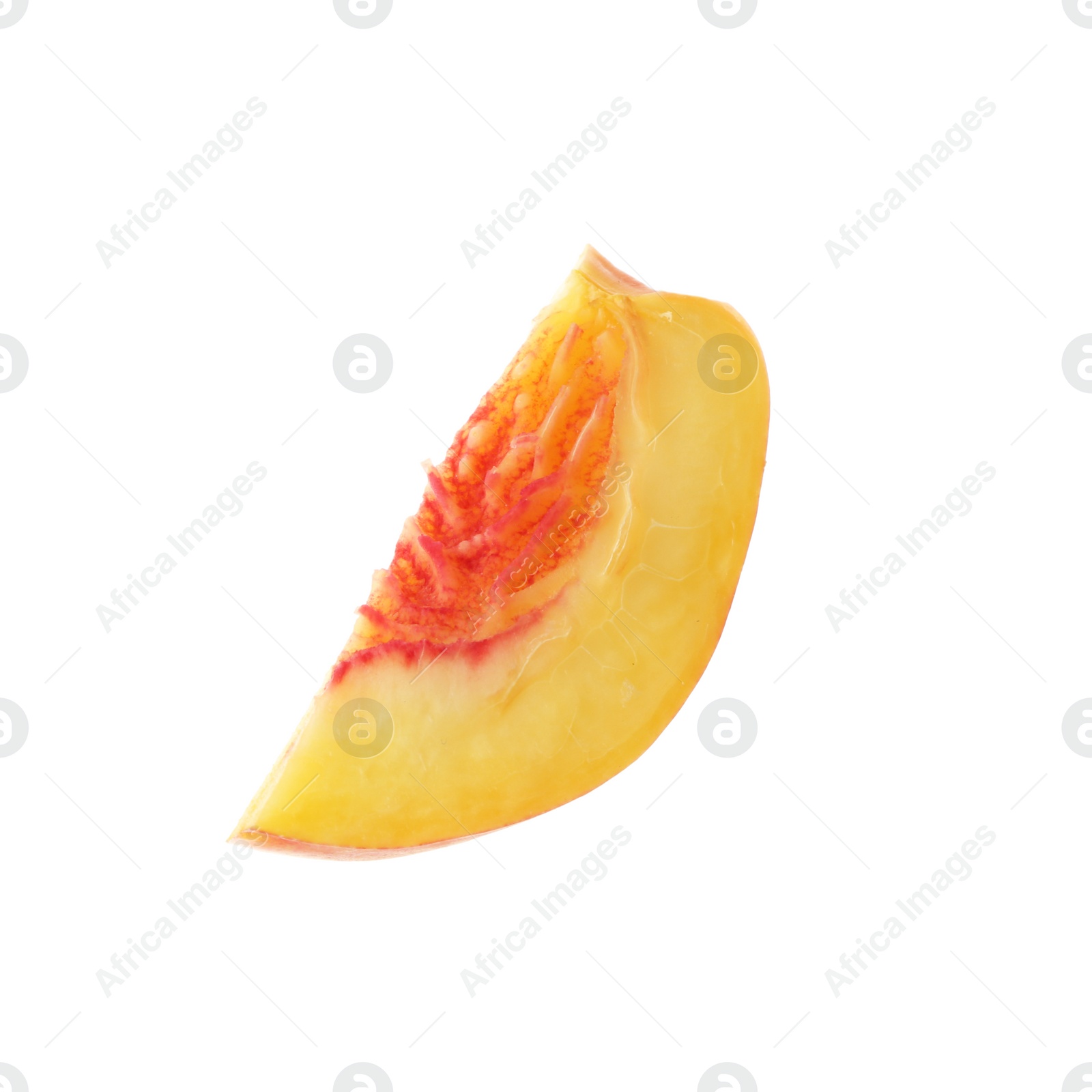 Photo of Slice of juicy peach on white background