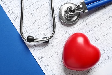 Photo of Cardiogram report, red decorative heart and stethoscope on blue background, flat lay