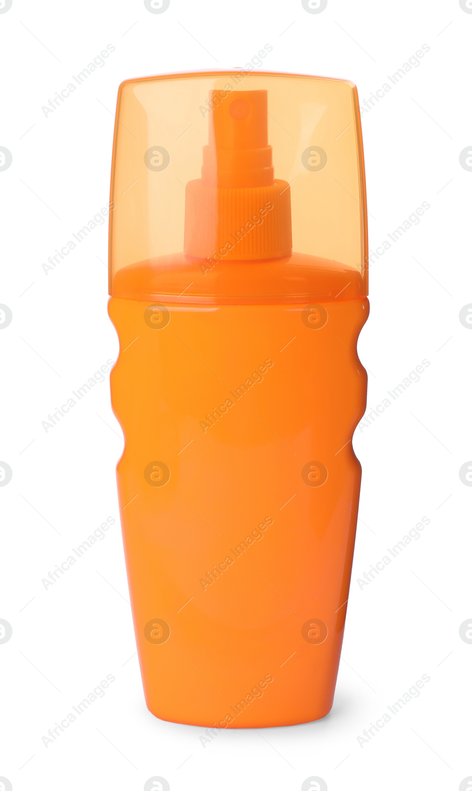 Photo of Bottle with sun protection spray isolated on white