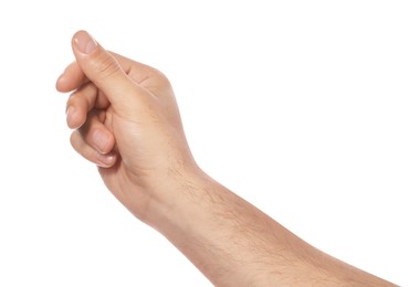 Photo of Man holding something on white background, closeup