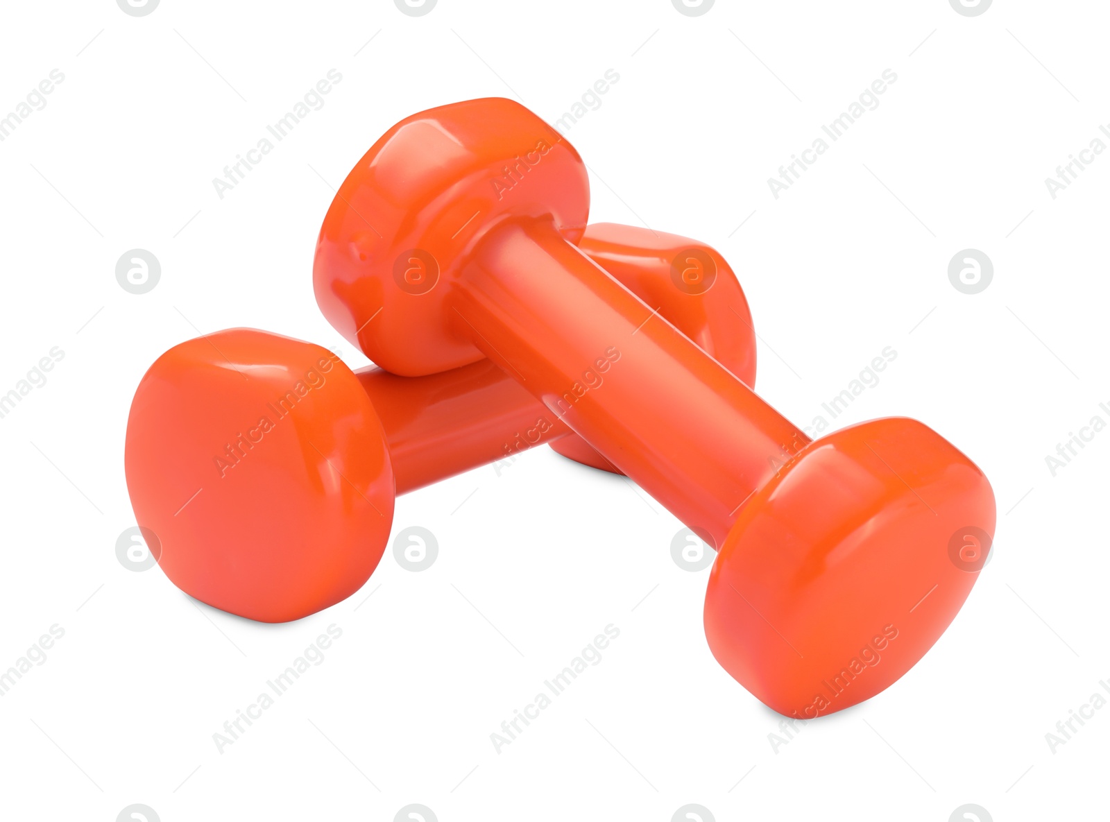 Photo of Orange dumbbells isolated on white. Sports equipment