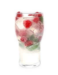 Glass of refreshing drink with raspberry and mint on white background