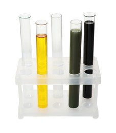 Photo of Test tubes with different types of oil isolated on white