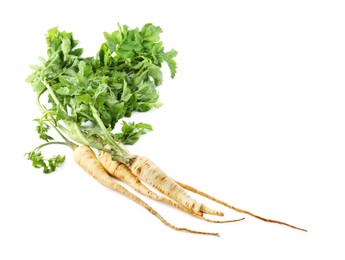 Tasty fresh ripe parsnips on white background