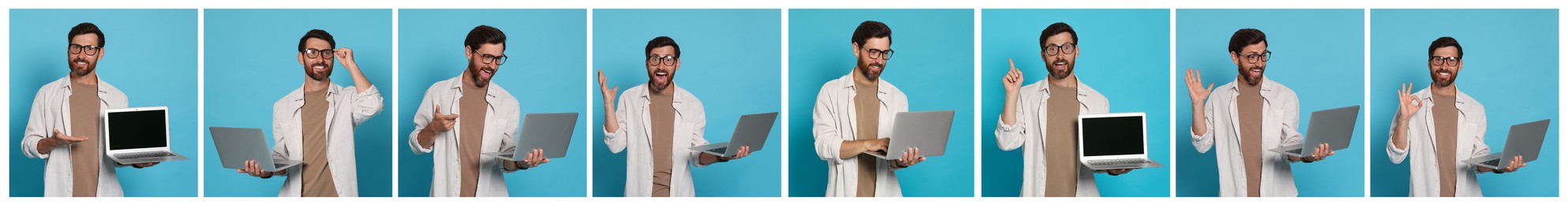 Collage with photos of man holding modern laptops on light blue background. Banner design