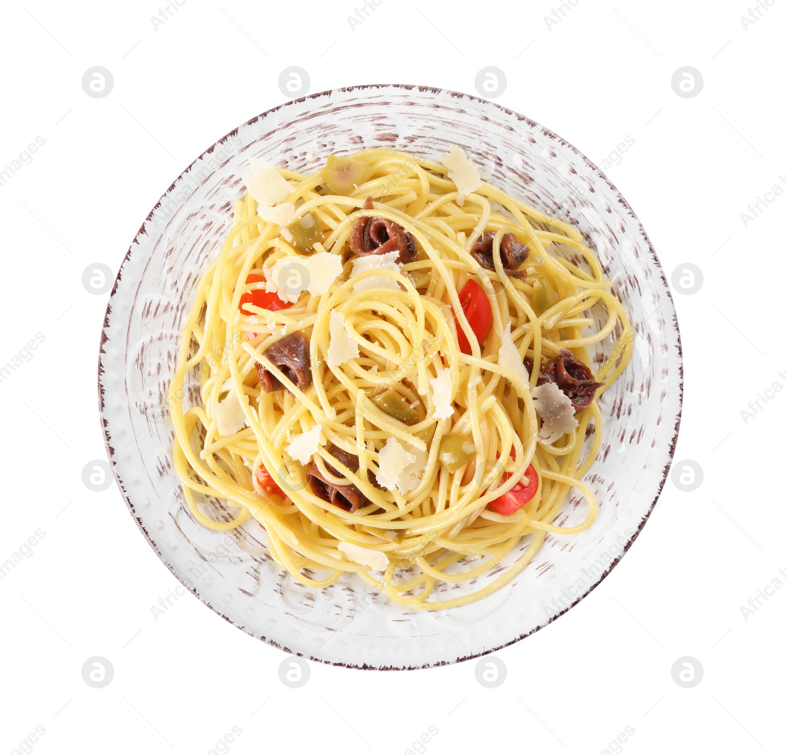 Photo of Plate of delicious pasta with anchovies, tomatoes and parmesan cheese isolated on white, top view