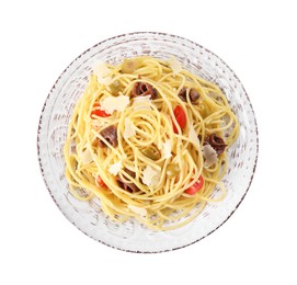 Photo of Plate of delicious pasta with anchovies, tomatoes and parmesan cheese isolated on white, top view