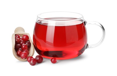 Photo of Cup of delicious cranberry tea and berries isolated on white