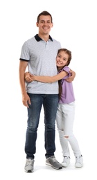 Photo of Father with child on white background. Happy family