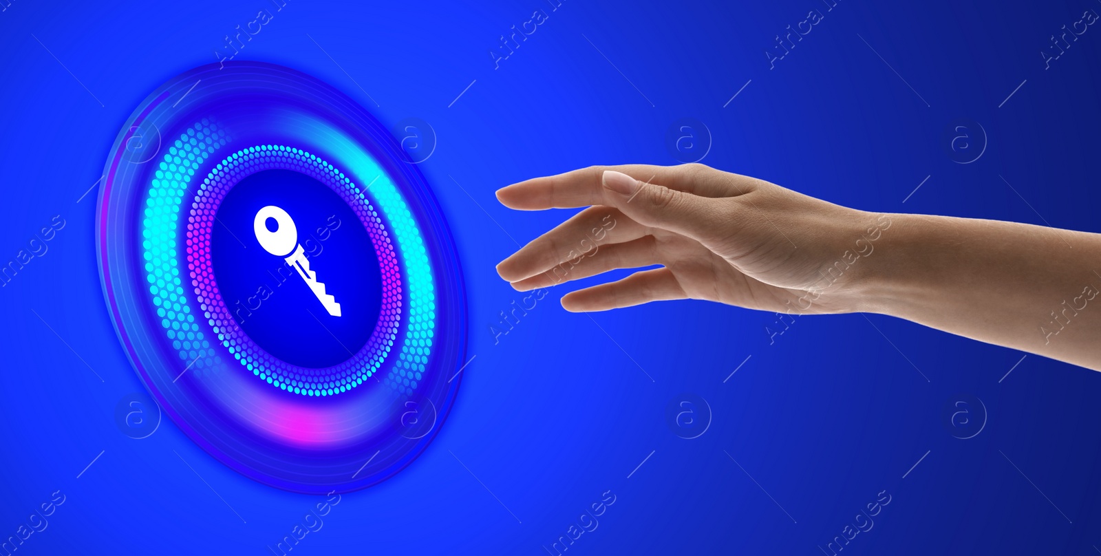 Concept of keywords research and modern technology. Woman pointing at key icon on blue background, banner design Image of Concept of keywords research and modern technology. Woman pointing at key icon on blue background, banner design
