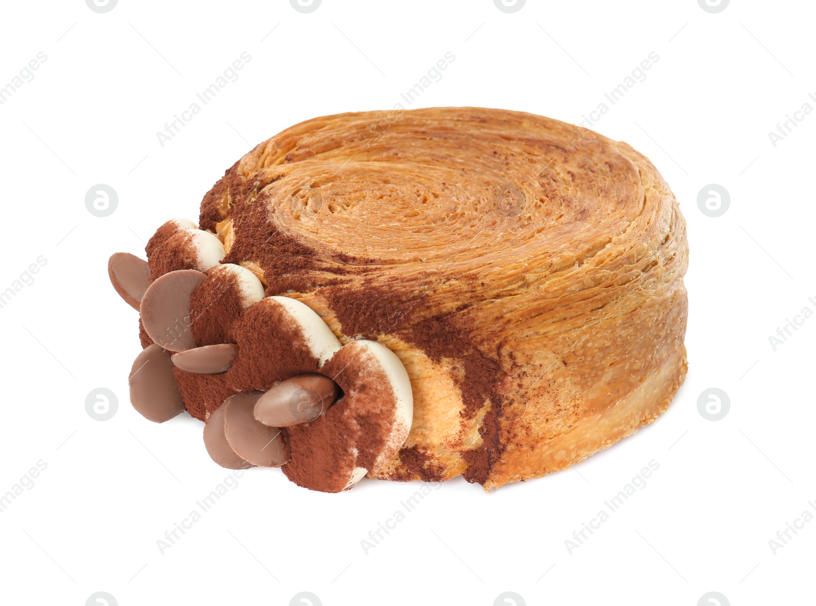 Photo of Round croissant with chocolate chips and cream isolated on white. Tasty puff pastry