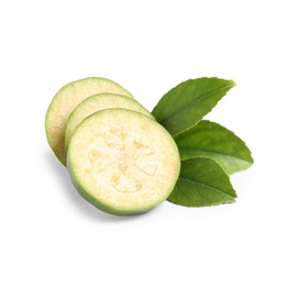 Slices of fresh feijoa fruit and leaves on white background