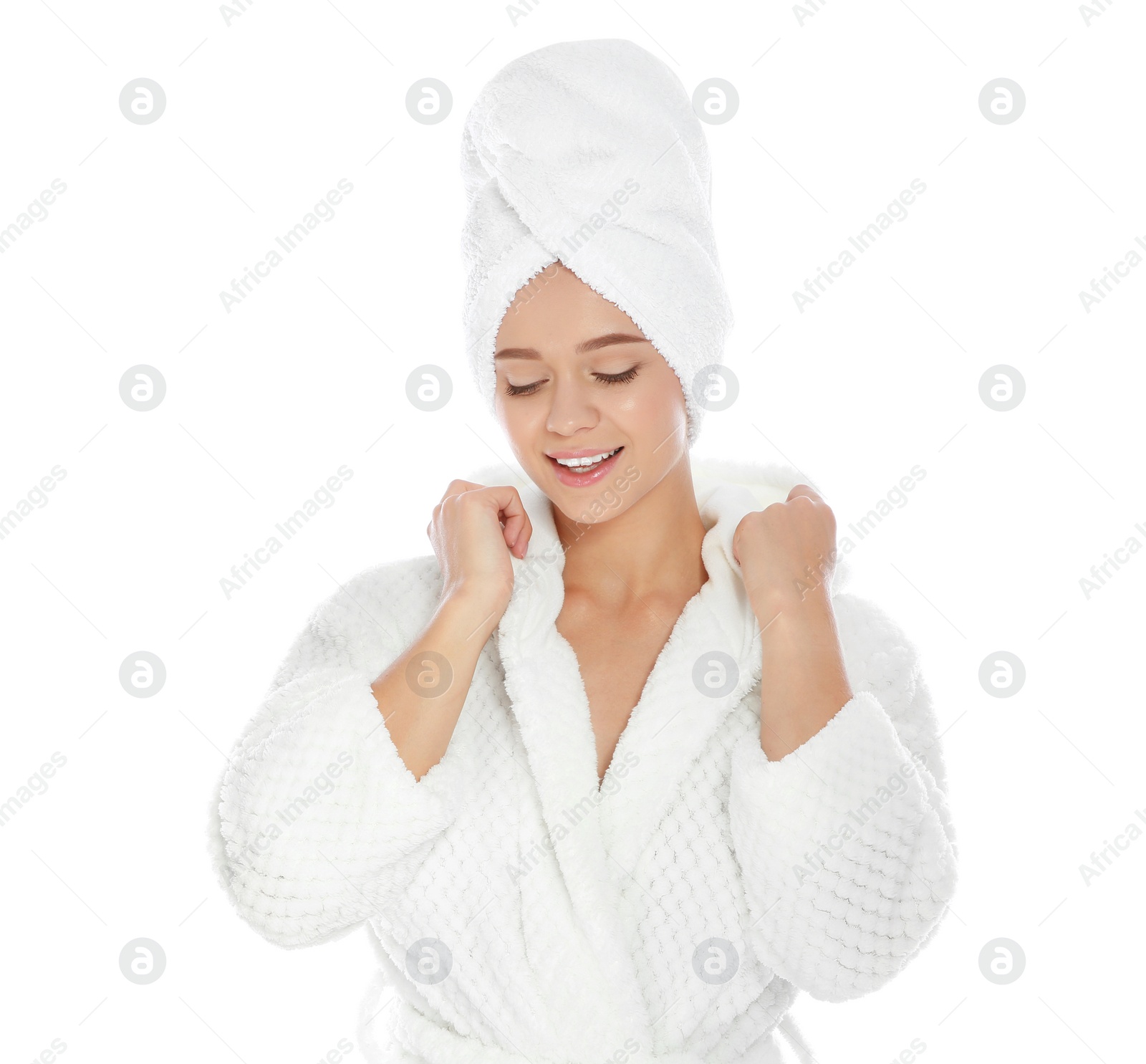 Photo of Portrait of young pretty woman in bathrobe with towel on white background