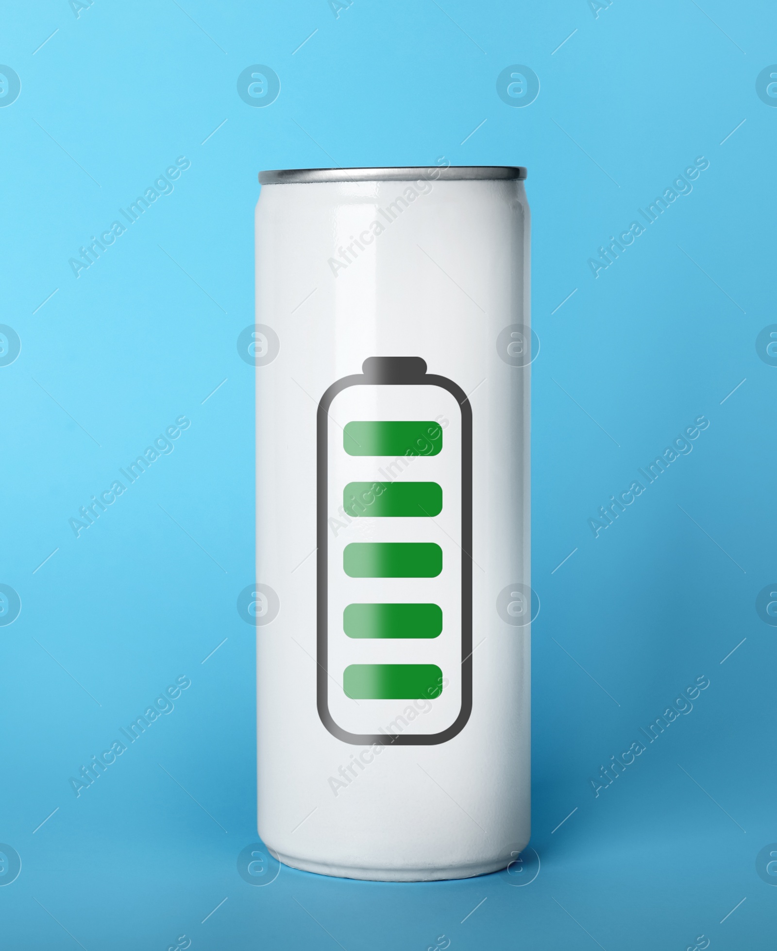 Image of Can of energy drink with picture of fully charged battery on light blue background