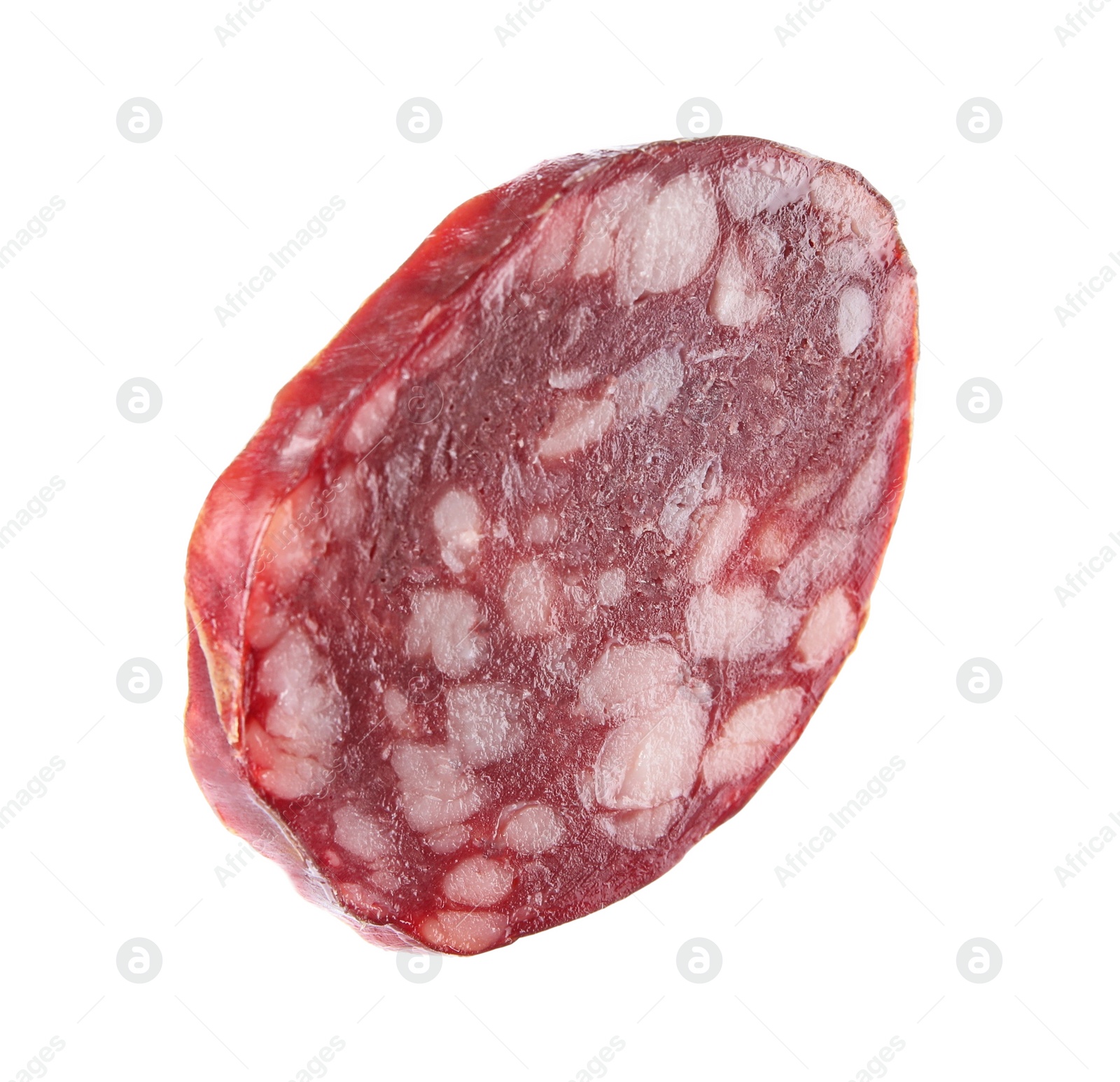 Photo of Slice of delicious smoked sausage isolated on white