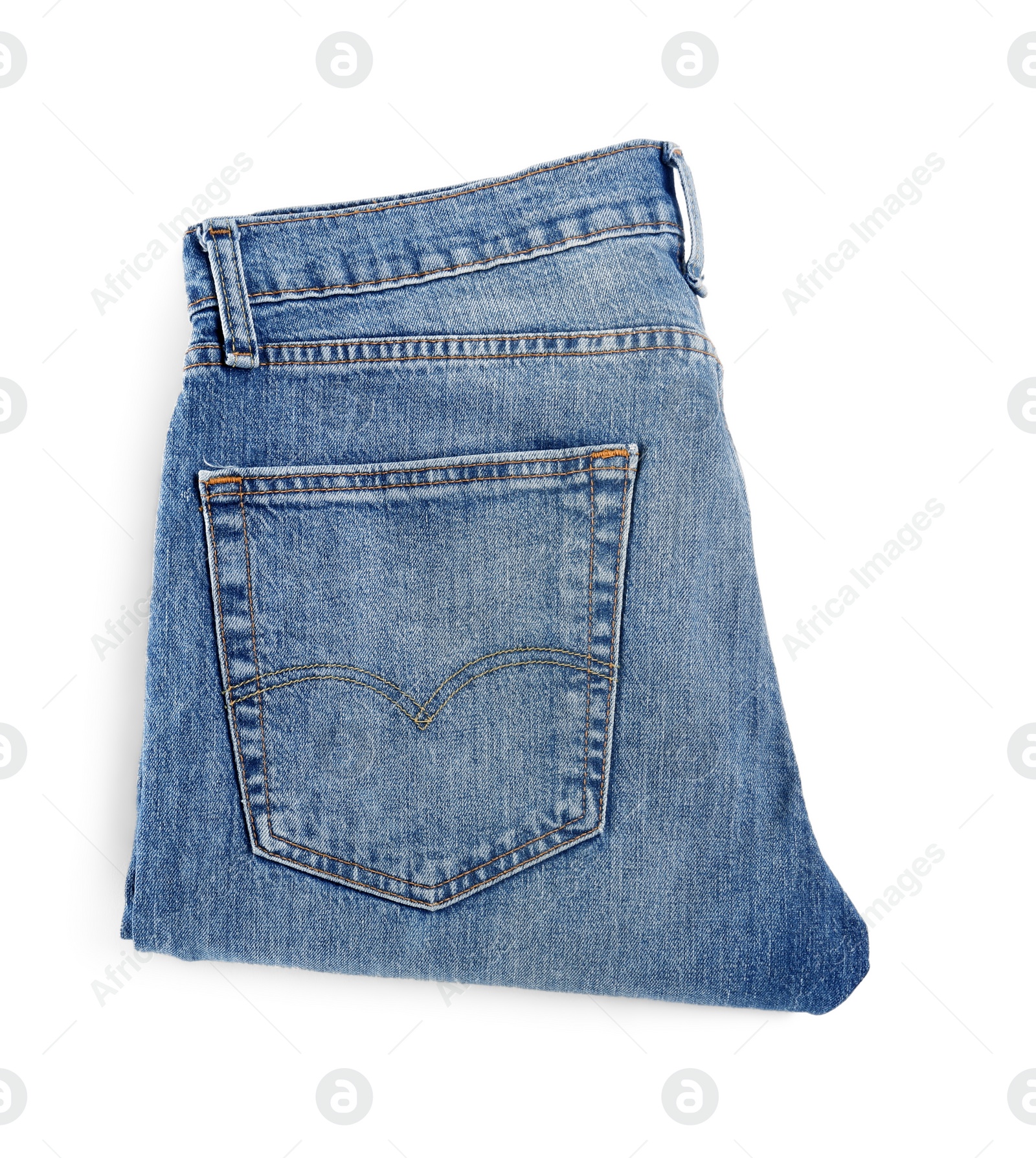 Photo of Blue jeans isolated on white, top view. Stylish clothes