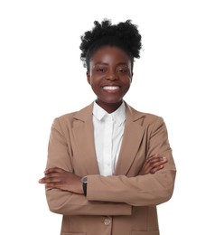 Photo of Portrait of happy woman with crossed arms on white background. Lawyer, businesswoman, accountant or manager