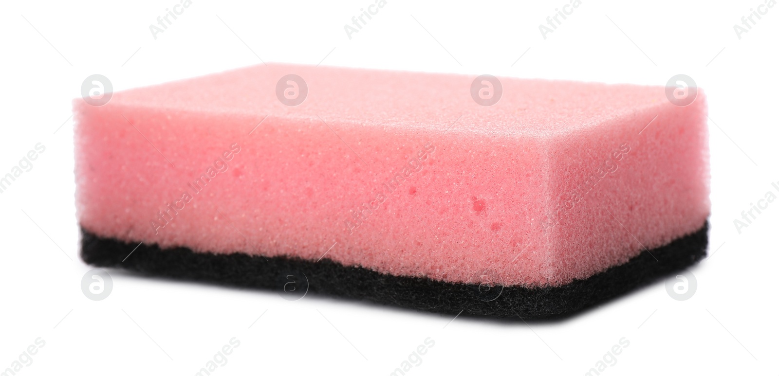 Photo of Pink cleaning sponge with abrasive black scourer isolated on white