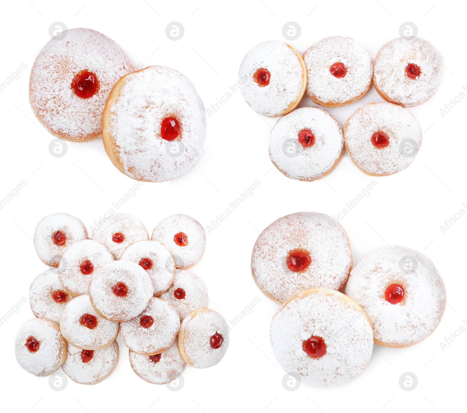 Image of Delicious donuts with jelly and powdered sugar on white background, top view. Collage