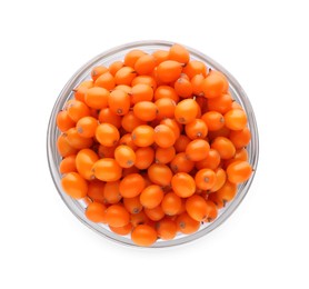 Photo of Fresh ripe sea buckthorn berries in glass bowl isolated on white, top view