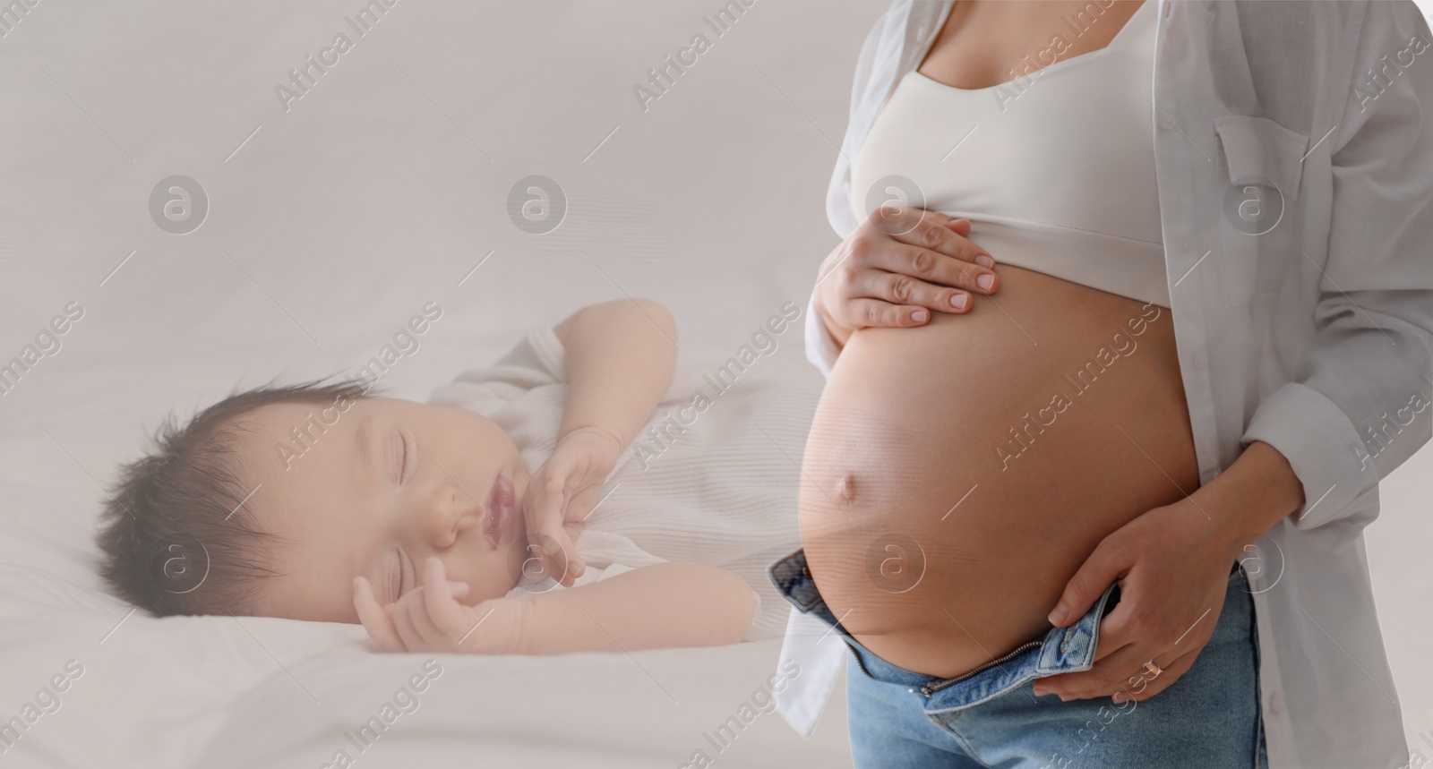 Image of Double exposure of pregnant woman and cute baby on light background