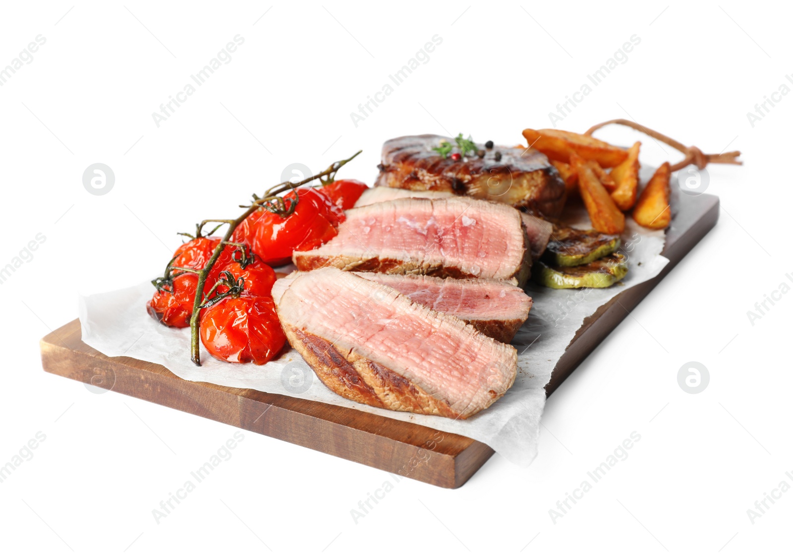 Photo of Delicious beef served with garnish isolated on white